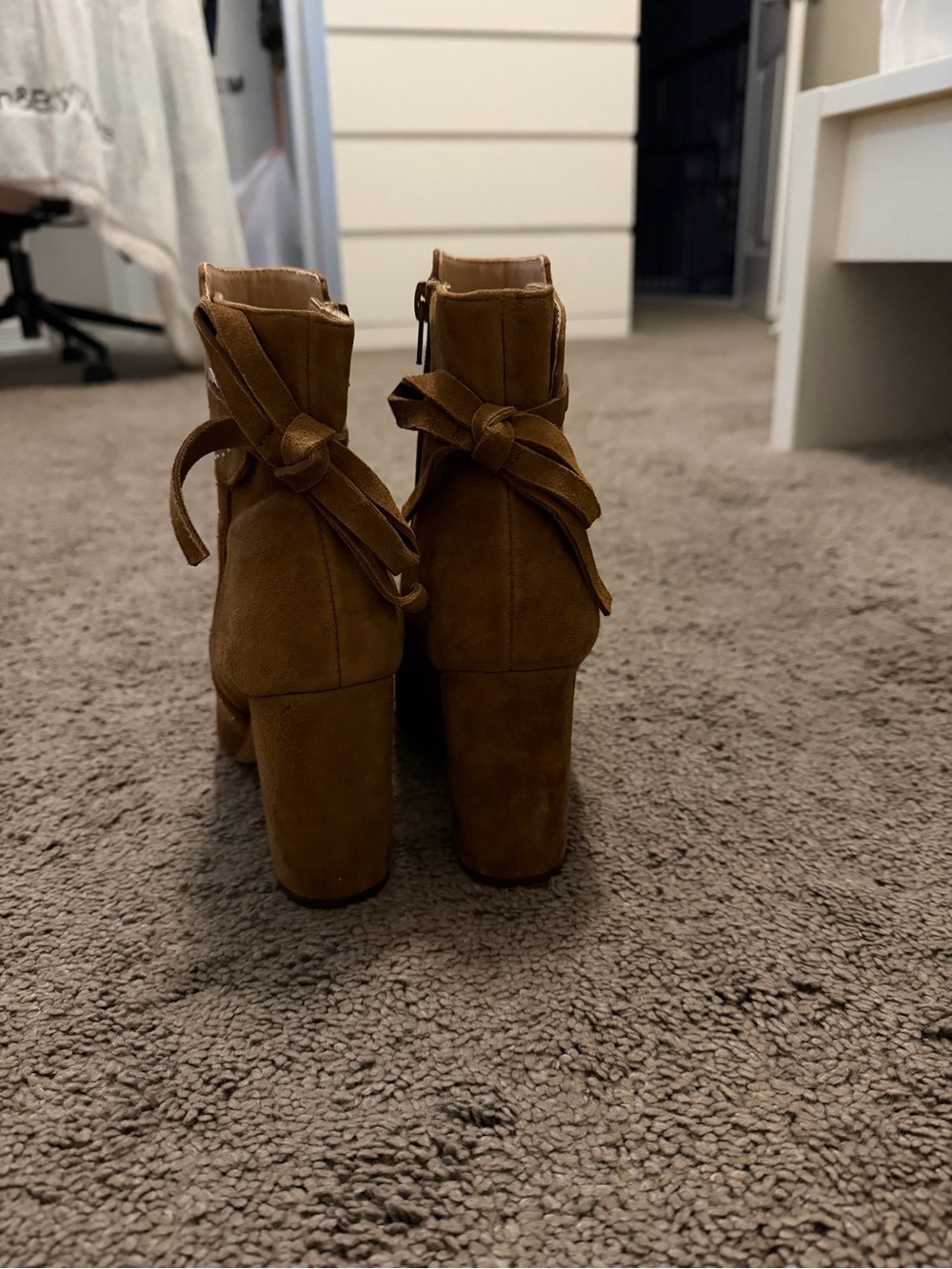 Women's Brown Suede Block Heel Ankle Boots with Tie Detail